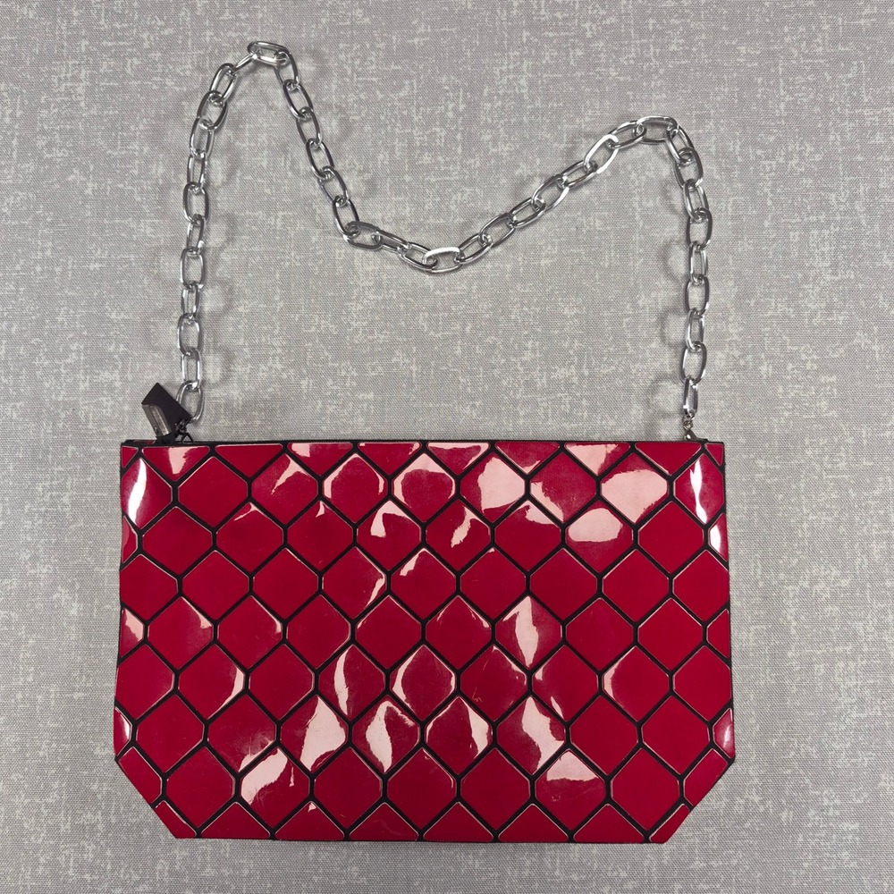 P.Luca Red Geometric Honeycomb Chain Shoulder Bag Patent Tile Handbag